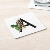 トロピッ葉クフェイク・ゴールド・フォイル・レターAモノグラム スクエアペーパーコースター (アングル)