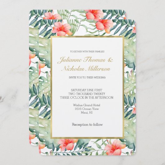 トロピッ葉クフローラ水の色結婚の値 招待状 (正面/裏面)