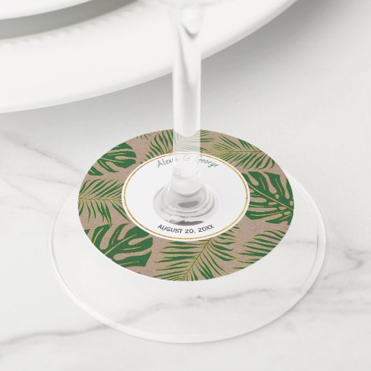 トロピッ葉ク金ゴールド緑と素朴結婚性 ワイングラスタグ (クローズアップ)