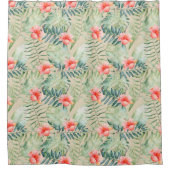 トロピッ葉ク・ハイビスカスフローラ水彩 シャワーカーテン (正面)