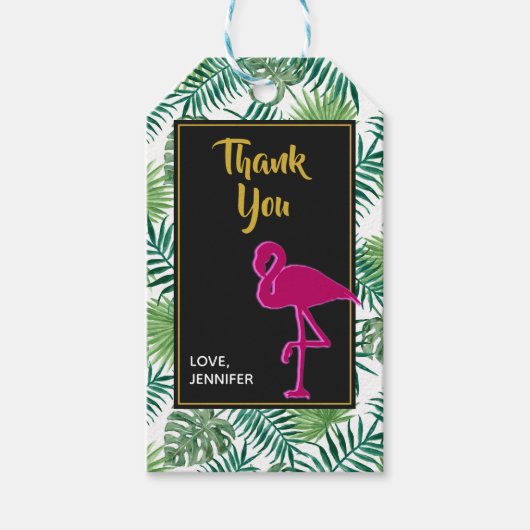 トロピッ葉ク・パタンとピンクフラミンゴ感謝してい ギフトタグ (正面)