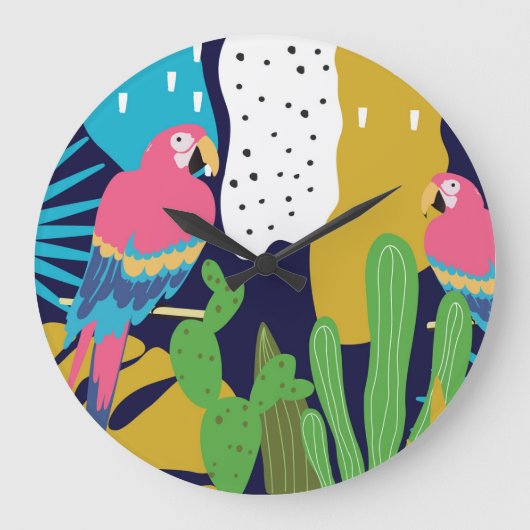 トロピッ葉ク、パロット:夏の背景。 ラージ壁時計 (正面)