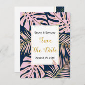 トロピッ葉ク・ピンクの海軍結婚式の日付を保存 案内ポストカード (正面/裏面)