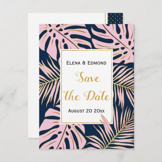 トロピッ葉ク・ピンクの海軍結婚式の日付を保存 案内ポストカード