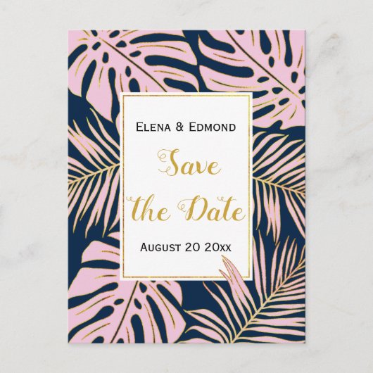 トロピッ葉ク・ピンクの海軍結婚式の日付を保存 案内ポストカード (正面)