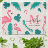トロピッ葉ク・ピンク・フラミンゴモダンモノグラム キッチンタオル (折り畳み)