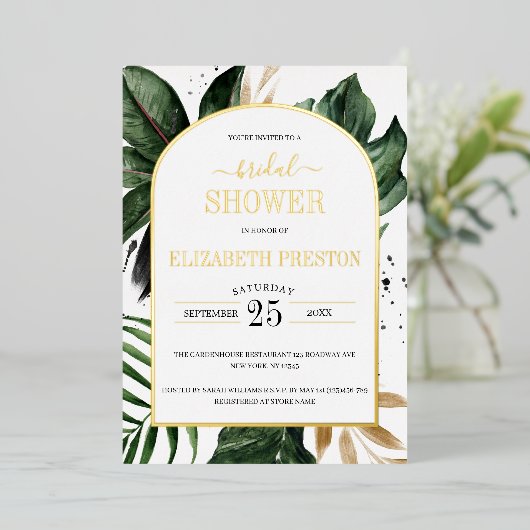 トロピッ離れクブライダルシャワーアーチフレーム実在 箔招待状 (立ち正面)