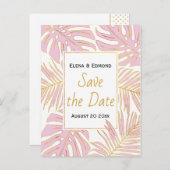 トロピッ離れクモダンのピンクの結婚式 案内ポストカード (正面/裏面)