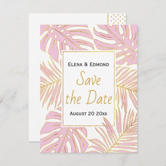 トロピッ離れクモダンのピンクの結婚式 案内ポストカード (正面/裏面)