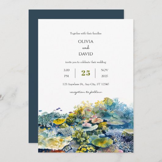トロピッ鮮やかクフィッシュコーラルリーフビーチ結婚式 招待状 (正面/裏面)