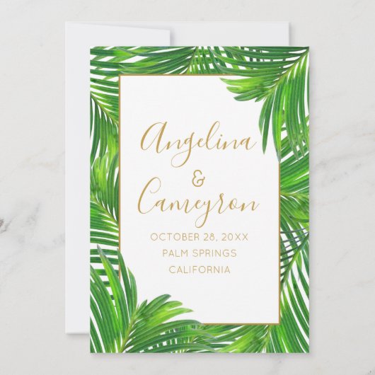 トロピモダンックパームリーフグリーンと金ゴールド結婚ズ 招待状 (裏面)