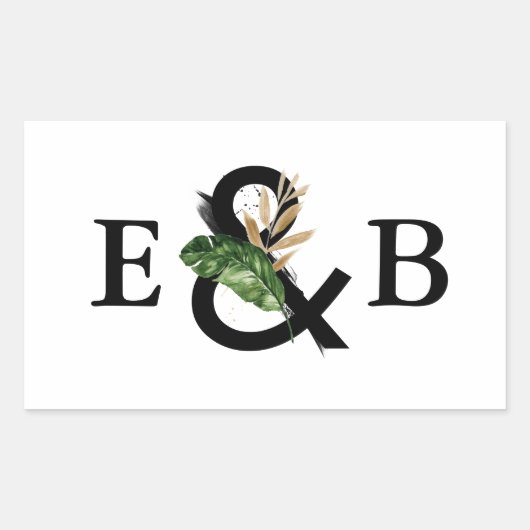 トロピ葉ックフェイク金フォイル結婚ズモノグラム 長方形シール (正面)