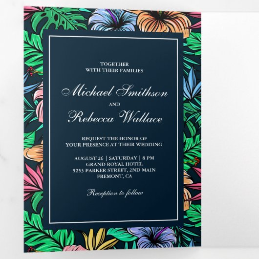トロピ鮮やかカルフローラガーデン結婚フォト 三つ折り招待状 (内部最初)