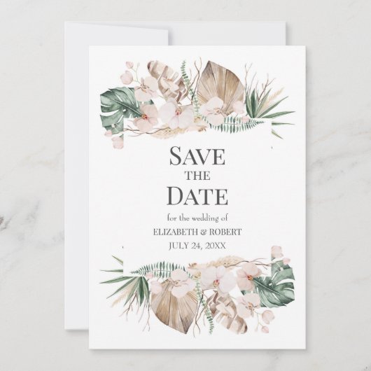 トロフィカルオーキッドとモンステラは日付カードを保存 招待状 (正面)