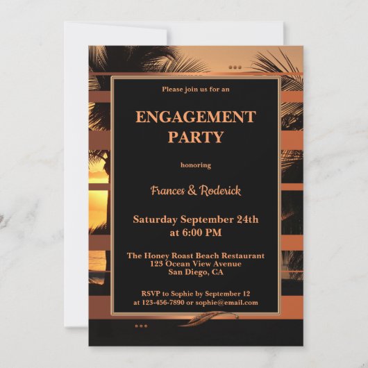 トロフィカルサンセットビーチ婚約パーティ招待状 招待状 (正面)