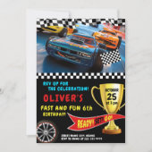 トロフィー&フラッグ付きレースカー誕生日パーティー 招待状 (正面)