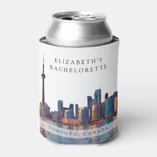 トロントのスカイラインを水彩で描いたバチェロレッテウィークエンド 缶クーラー (缶正面)