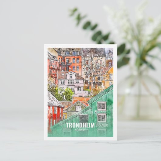 トロンハイムノルウェー有名な旅行水のカラースケッチ ポストカード (スタンド正面)