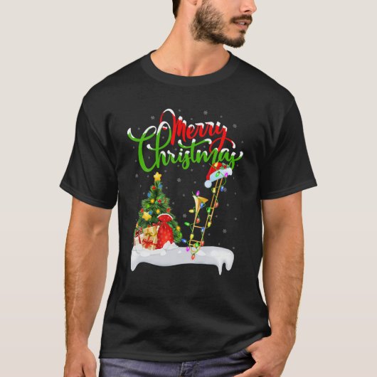 トロンボーンミュージックラバークリスマス照明サンタトロンボーン Tシャツ (正面)