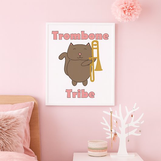 トロンボーン部 かわいい茶色の猫 ピンクの文字 ポスター