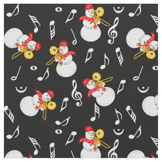 トロンボーン雪だるま音符パターン ファブリック (クローズアップ)