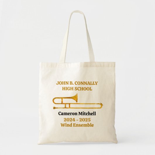 トロンボーン高校バンドパーソナライズされた金ゴールド トートバッグ (正面)