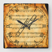 トロンボーン~ヴィンテージ楽譜の背景ユニーク~ スクエア壁時計 (正面)