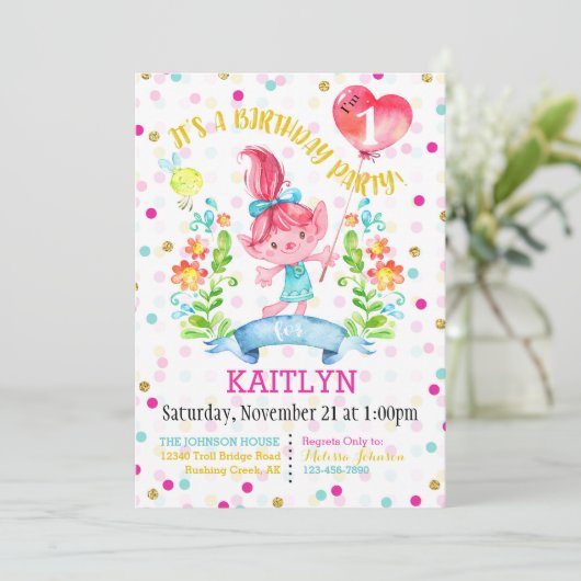 トロールの女の子によっては気球の最初誕生日が開花します 招待状 (スタンド正面)