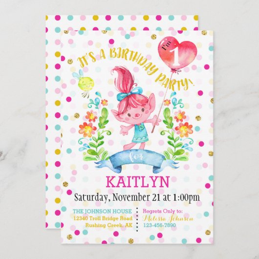 トロールの女の子によっては気球の最初誕生日が開花します 招待状 (正面/裏面)