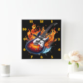 トワイト鮮やかライトの炎に囲まれたギター スクエア壁時計 (ホーム)