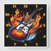 トワイト鮮やかライトの炎に囲まれたギター スクエア壁時計 (正面)