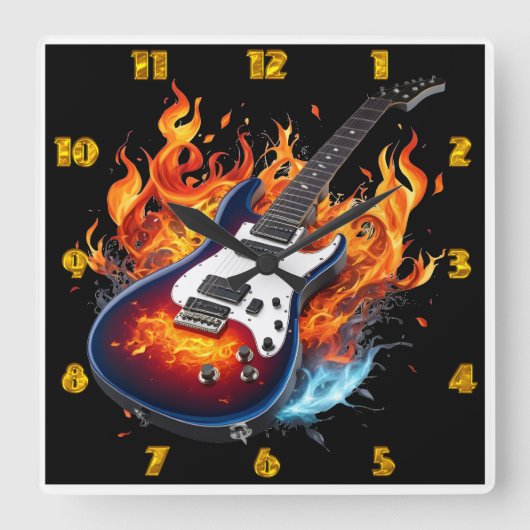 トワイト鮮やかライトの炎に囲まれたギター スクエア壁時計 (正面)