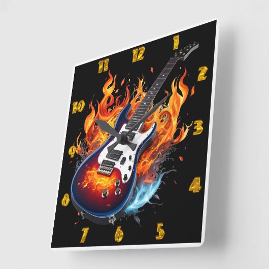 トワイト鮮やかライトの炎に囲まれたギター スクエア壁時計 (傾斜)