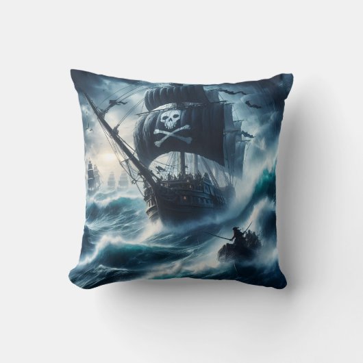 トワイライトで嵐の海と戦う海賊船 クッション (正面)