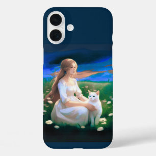 トワイライトで草地に猫がいる少女 iPhone 16 PLUSケース