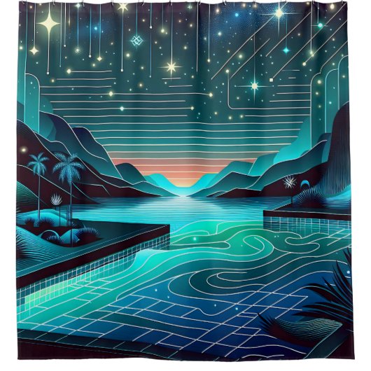 「トワイライトのインフィニティプール：穏やかな夜景」 シャワーカーテン (正面)