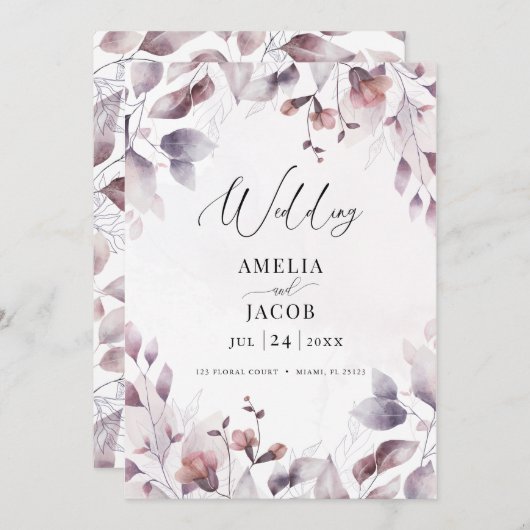 トワイライトウォーターカラーのモダンなグリーン植物の招待状 招待状 (正面/裏面)