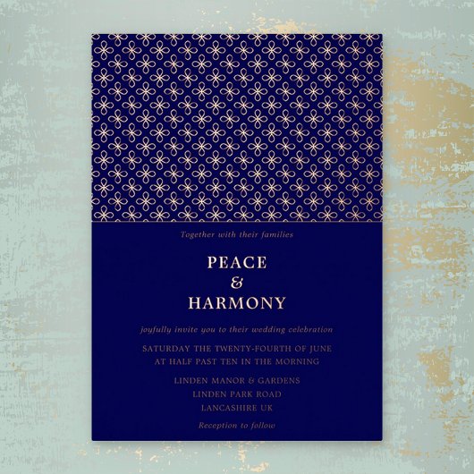 トワイライトチャームバラ金ゴールドネイビーブルー結婚ズ 箔招待状