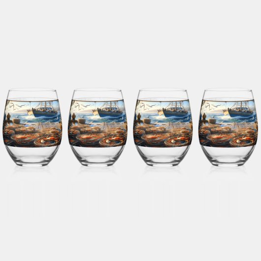 トワイライトハーベスト漁師がカニを集める ステムなしワイングラス (正面)