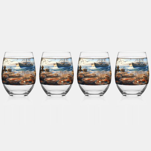 トワイライトハーベスト漁師がカニを集める ステムなしワイングラス (裏面)