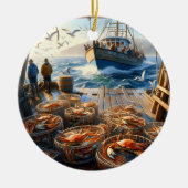 トワイライトハーベスト漁師がカニを集める セラミックオーナメント (正面)