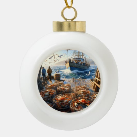 トワイライトハーベスト漁師がカニを集める セラミックボールオーナメント (正面)