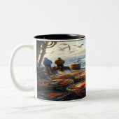 トワイライトハーベスト漁師がカニを集める ツートーンマグカップ (左)