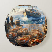 トワイライトハーベスト漁師がカニを集める ラウンドクッション (正面)