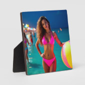 トワイライトビーチポートレート – ネオンピンクビキンの女性 フォトプラーク (正面)