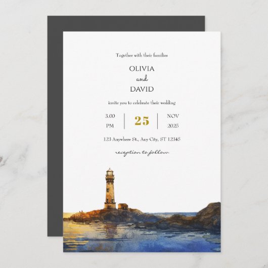 トワイライトロッキーライトハウスウォーターカラービーチ結婚式 招待状 (正面/裏面)
