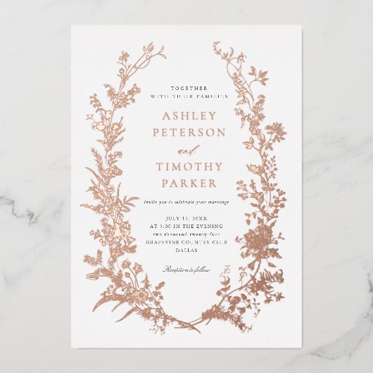 トワエレガントイルフローラ結婚リースバラ金ゴールド 箔招待状 (正面)