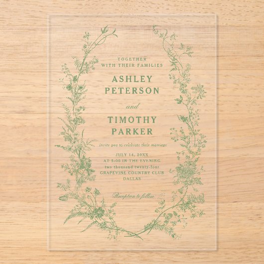 トワエレガントールセージ緑のフローラ結婚ズ アクリル招待状 (正面)