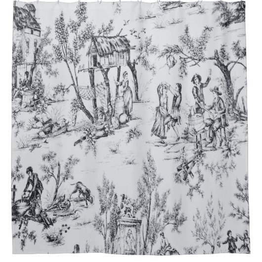 トワフランスのイル・ド・ジュイ黒白エレガント美術 シャワーカーテン (正面)