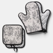 トワフランスのイル・ド・ジュイ黒白エレガント美術 鍋つかみ&鍋敷きセット (正面/裏面)